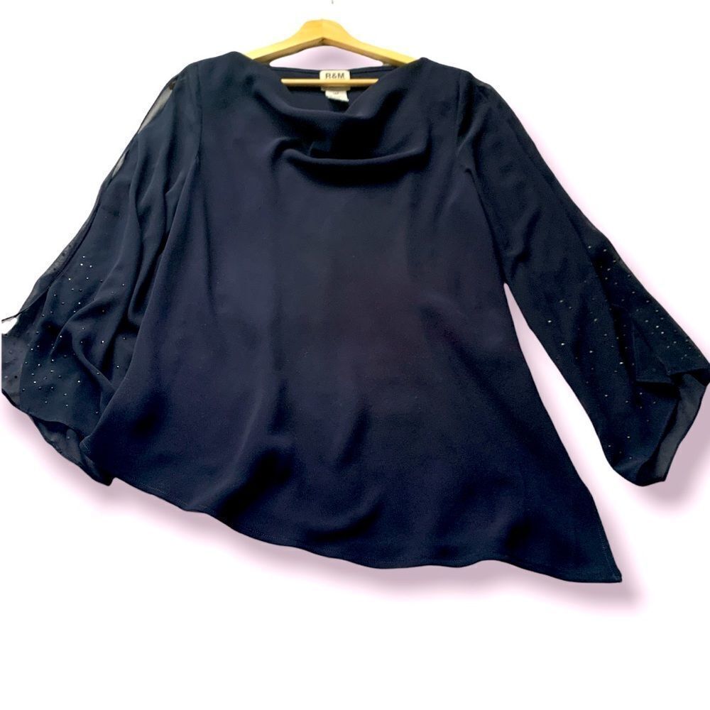 Beautiful Navy Blue Chiffon Blouse Size‎ 14 Petite Beaded